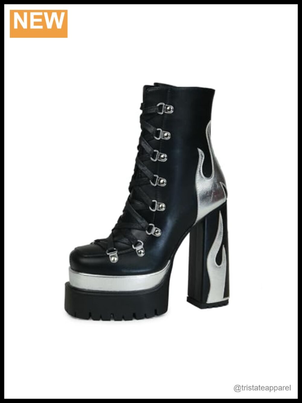 Women's Faux Leather Lace-Up Ankle Boots with Silver Flames, Chunky Platform
